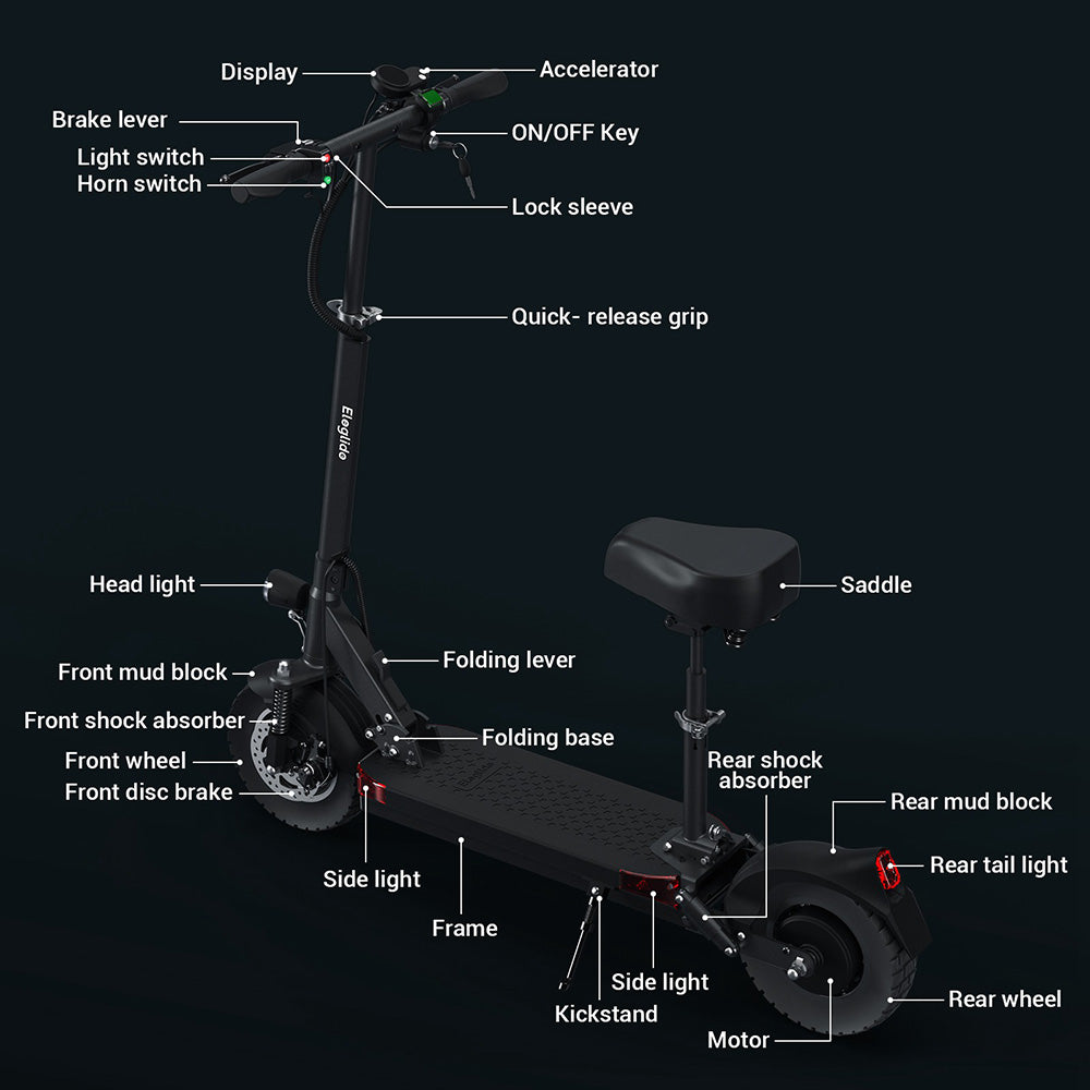 Komfort und Leistung: Elektroroller 800W, 10 Zoll, klappbar mit Sitz, Doppelaufhängung und bis zu 45 km/h